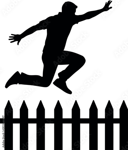 Sports silhouette of a man jumping over a fence