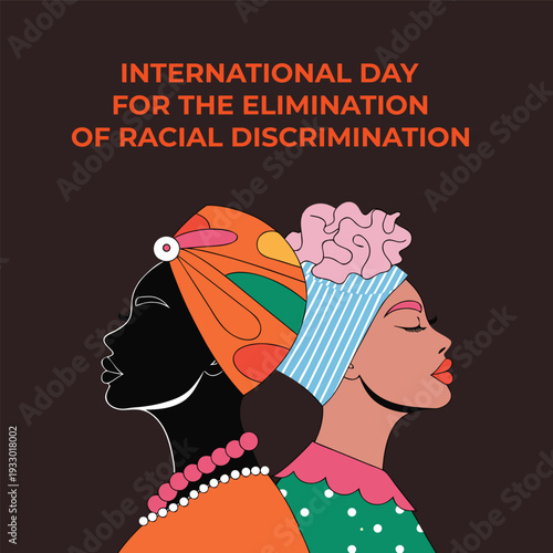 International day for elimination of racial discrimination graphic with profile portraits of two african women wearing traditional head wraps