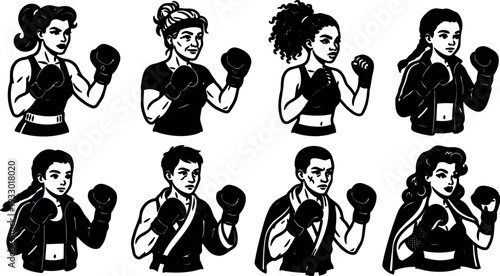 Tattoo flash vector set of diverse boxers in fighting poses with gloves clenched looking forward high contrast black and white