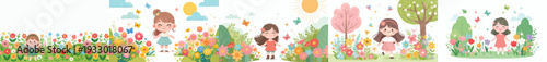 vector of a little girl standing happily on park in spring