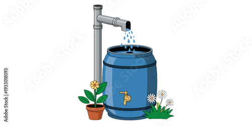 A blue water tank with a pump and a potted plant nearby in a garden setting Vector