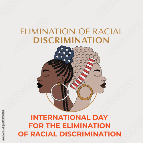 Elimination of racial discrimination poster with creative hair art and two beautiful women representing cultural diversity and global harmony