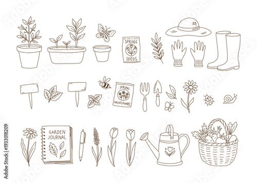 Hand Drawn Gardening Illustration Collection Featuring Tools, Plants, Seed Packets, Insects, and Decorative Elements for Spring and Horticultural Design Projects
