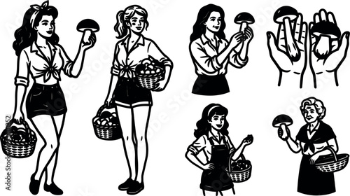 Tattoo flash vintage pinup women holding mushrooms and baskets in varied poses close up and full body study