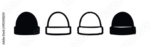 Set of four winter beanie hat icons in black and white styles, isolated on white background, representing cold weather fashion.