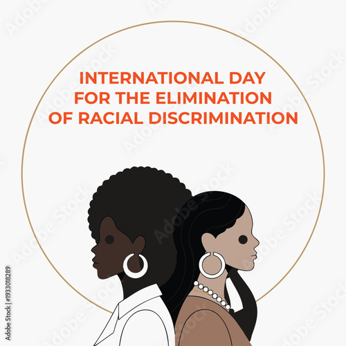 International day for elimination of racial discrimination card with two diverse women profiles looking opposite directions against light gray