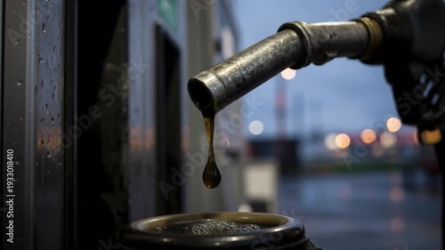 At dusk, under a cloudy evening sky, a person grips a gasoline pump nozzle at a lit gas station. Fuel droplets fall from the nozzle as the attendant prepares to refuel a vehicle