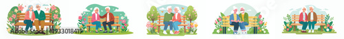 vector of a old couple sitting happily on a park bench in spring
