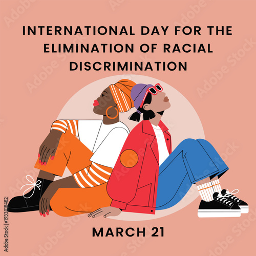 International day for elimination of racial discrimination illustration two women sitting back to back celebrating diversity and unity