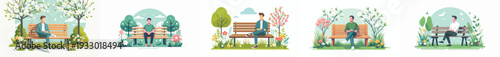 vector of a man sitting happily on a park bench in spring