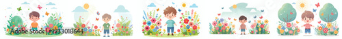 vector of a little boy standing happily on park in spring