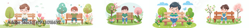 vector of a little boy sitting happily on a park bench in spring