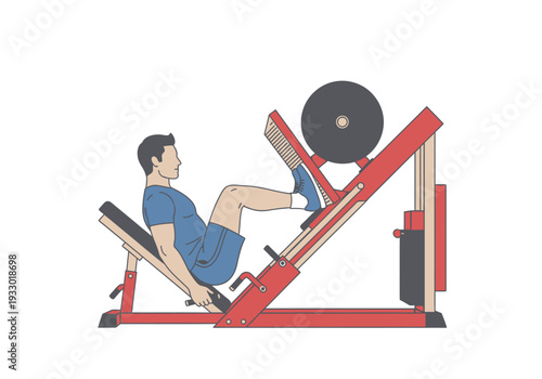 Man performing leg press exercise on a red gym machine.