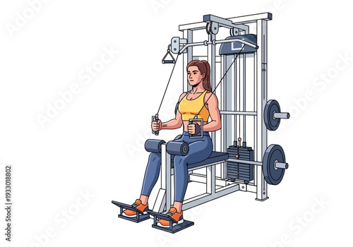 Woman Exercising on a Cable Machine in a Gym.