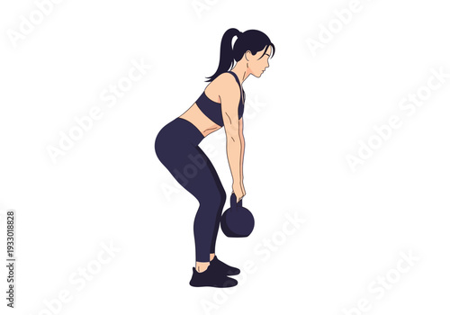Woman performing kettlebell deadlift exercise for fitness.