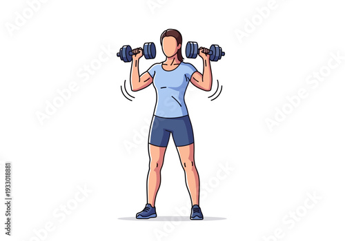 Woman performing dumbbell shoulder press exercise with focused expression and muscular arms.