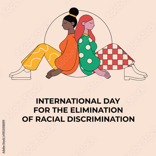 International day for elimination of racial discrimination illustration two women sitting back to back embracing diversity unity and equality