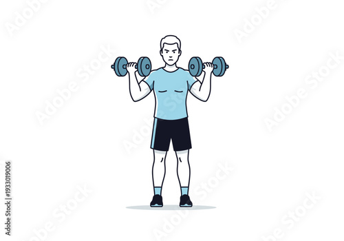 Man performing dumbbell shoulder press exercise with focus and determination.