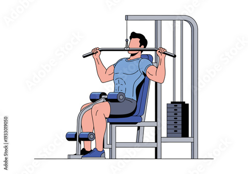 Man performing lat pulldown exercise on a weight machine in a gym.