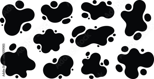 Minimalist black vector abstract blob shapes and liquid ink splatter silhouettes for modern graphic design elements, fluid backgrounds, and organic layout templates.