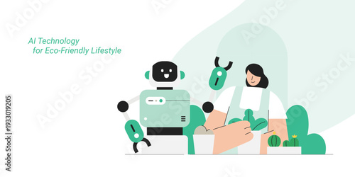 AI technology for eco friendly lifestyle with smart assistant robot, woman and plants. Flat design vector illustration for sustainable living, green technology and smart home concepts.