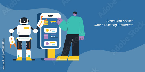 Restaurant service robot assisting customer with self service kiosk and digital menu ordering. Flat design vector illustration for food service automation and hospitality concepts.
