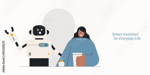 Smart assistant for everyday life with woman and robot AI home automation. Flat design vector illustration for voice assistant, digital lifestyle and smart home technology concepts.