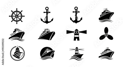 Collection of nautical themed vector icons and illustrations for design.
