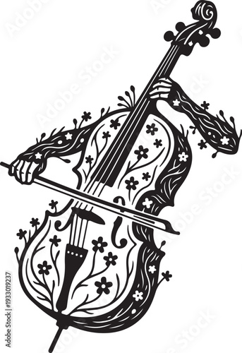 Cello made of moss and flowers with willow branch bow