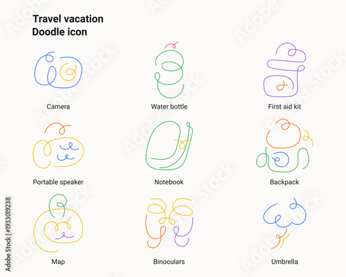 Minimal doodle line icon set for travel and vacation concepts. Hand drawn abstract icons of travel essentials for tourism, holiday planning, adventure, and lifestyle design.