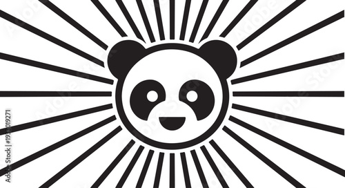 Panda face with retro sunburst rays in minimalist black and white