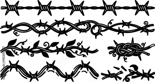 Tattoo flash barbed wire vector borders with leaves knots and twisted strands close up ornamental line art black silhouette studio