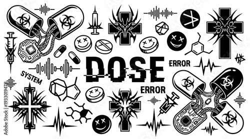 Cyberpunk medical techno icons set isolated on white background vector illustration