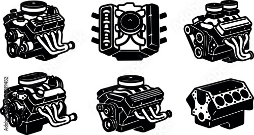 Tattoo flash engine icons set vintage v eight engine illustrations top view side view detailed mechanical parts high contrast vector