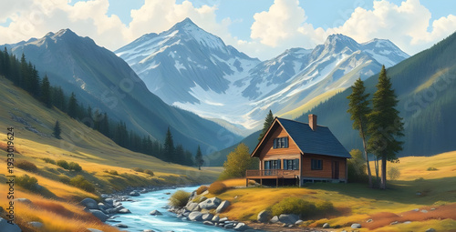 mountains, landscape, lake, cottage, home, oil, painting, artwork, art, canvas, texture, brushstroke, nature, scenery, scenic, reflection, water, alpine, peaks, valley, countryside, rural, peaceful, s