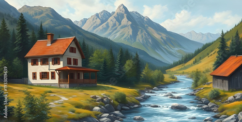 mountains, landscape, lake, cottage, home, oil, painting, artwork, art, canvas, texture, brushstroke, nature, scenery, scenic, reflection, water, alpine, peaks, valley, countryside, rural, peaceful, s