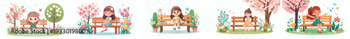 vector of a little girl sitting happily on a park bench in spring
