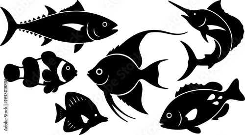 Flat design black fish silhouettes set showing six marine species in side view various angles and swimming poses isolated vector