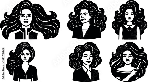 Vector art bold black and white female portrait set six head shot images with flowing hair varying ages combing hair