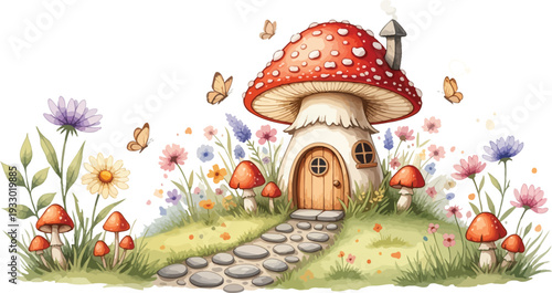Whimsical fairy tale mushroom house with colorful flowers and butterflies in a lush garden setting