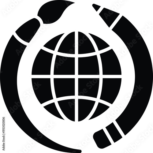 Minimalist black icon of a globe surrounded by a curving paintbrush and pencil, symbolizing global art education, international creative design, and worldwide digital drawing.