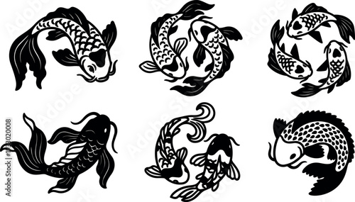 Tattoo flash koi fish set close up ornamental swimming pairs circular compositions japanese inspired black vector art silhouette decorative arranged