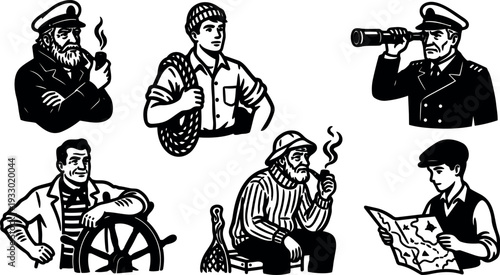 Vintage woodcut nautical sailor character set showing captain looking through telescope smoking pipe holding map and ship wheel with rope
