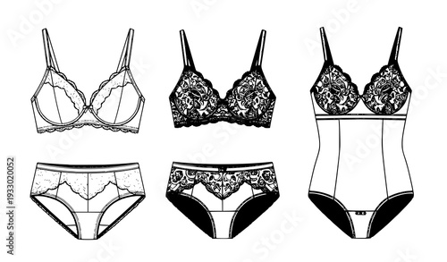 Womens Lace Underwear Collection Flat Technical Sketch Bra Panties Bodysuit Vector