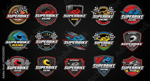 Collection of Superbike Racing Team Logos and Emblems on Black Background.