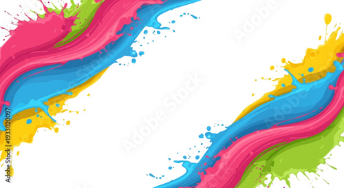 Vibrant Holi Festival Day Frame with colorful paint splashes in pink, blue, yellow, and green on a white background, ideal for decoration and design