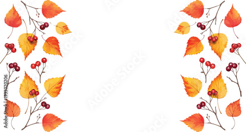 Vibrant autumn leaves and berries on branches border design