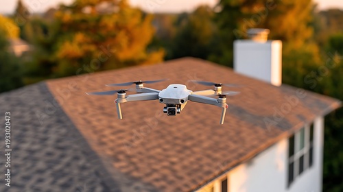 Quadcopter Drone Flying Over Residential House Rooftop at Sunset