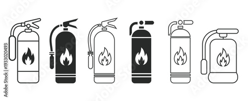 Set of fire extinguishers in different styles for emergency response and safety