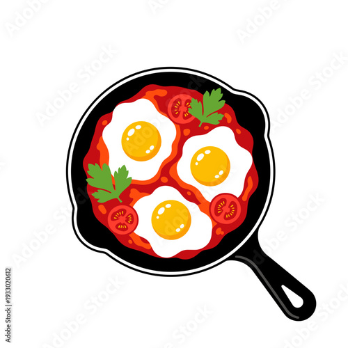 Illustration of North African dish shakshuka on a black cast iron skillet, isolated on white background. Flat design